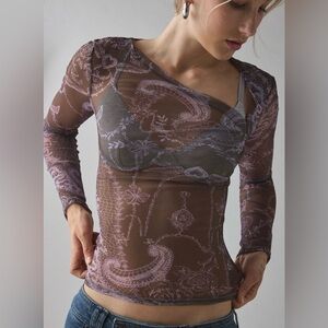 Sheer Long-Sleeve Paisley Mesh Top in Mauve